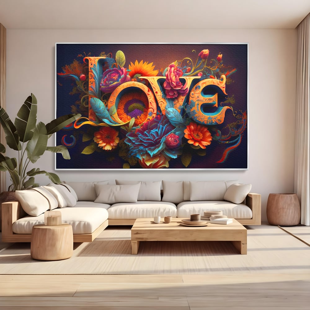 Tablou canvas cu tablou canvas cu litere florale stilizate, in rama de aluminiu argintiu, pe perete intr-un living
